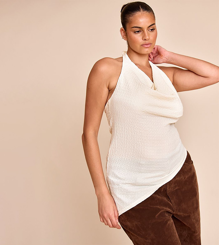 Curve Textured Cowl Neck Asymmetric Hem Top