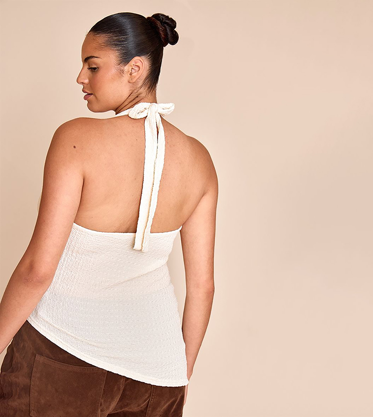 Curve Textured Cowl Neck Asymmetric Hem Top