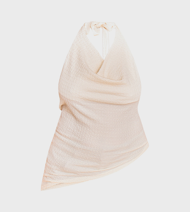 Curve Textured Cowl Neck Asymmetric Hem Top