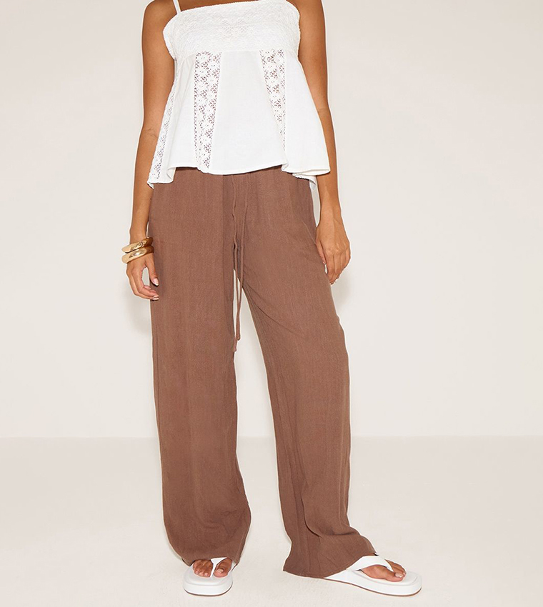 Linen Blend Drawstring Waist Tie Straight Fit Trousers