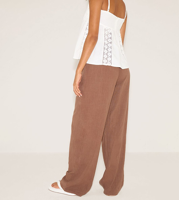 Linen Blend Drawstring Waist Tie Straight Fit Trousers