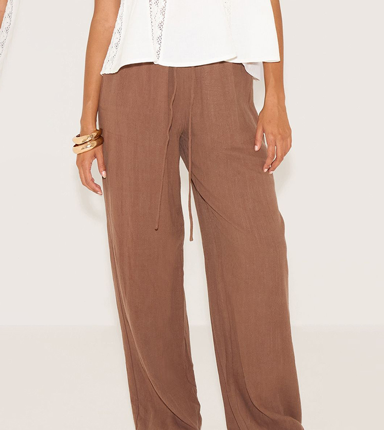 Linen Blend Drawstring Waist Tie Straight Fit Trousers