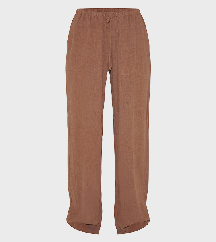Linen Blend Drawstring Waist Tie Straight Fit Trousers