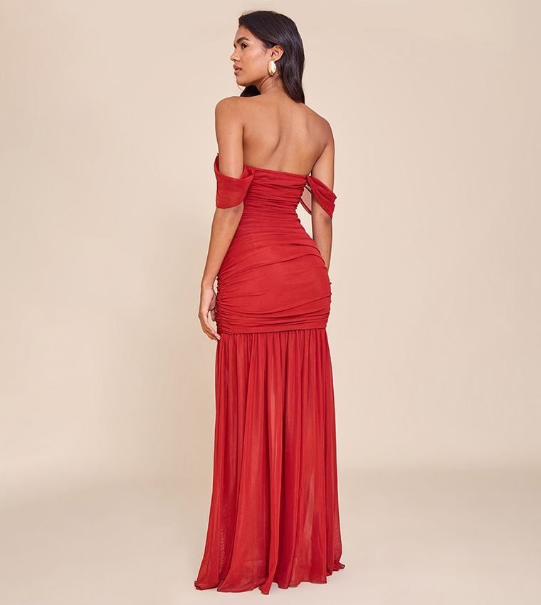 Deep Mesh Bardot Ruched Detail Maxi Dress