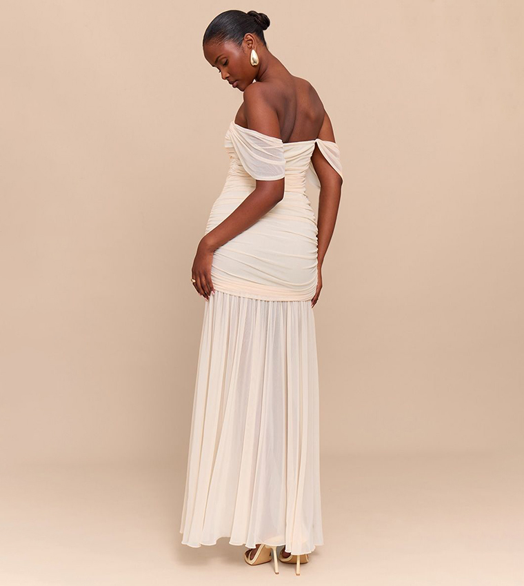 Mesh Bardot Ruched Detail Maxi Dress