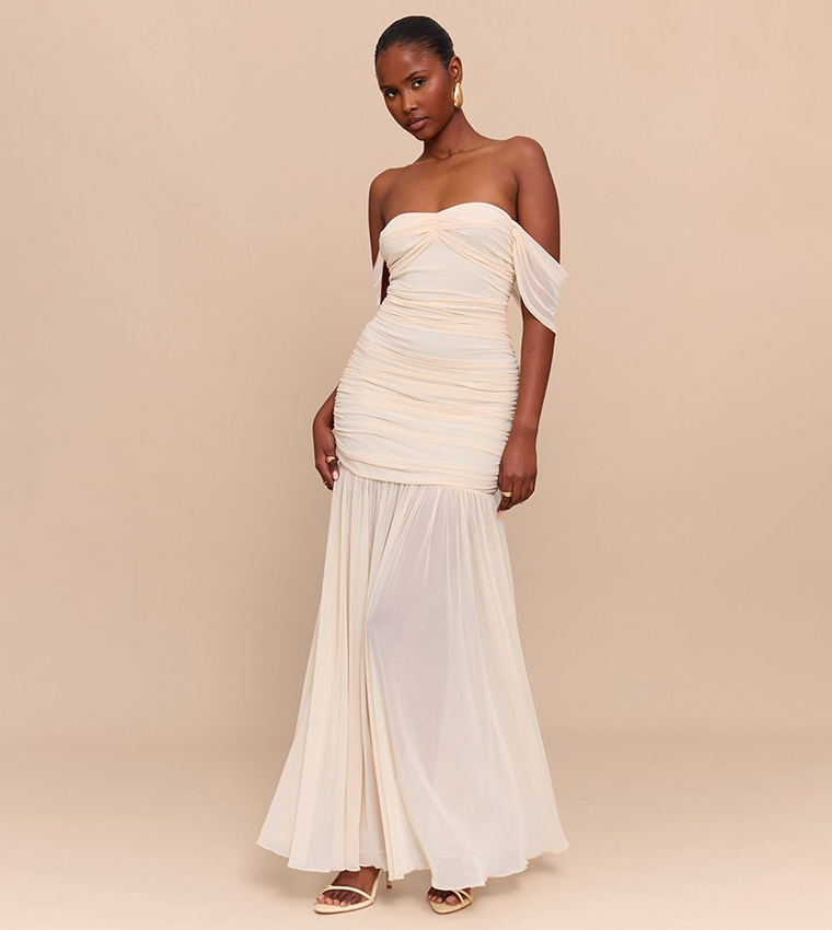 Mesh Bardot Ruched Detail Maxi Dress