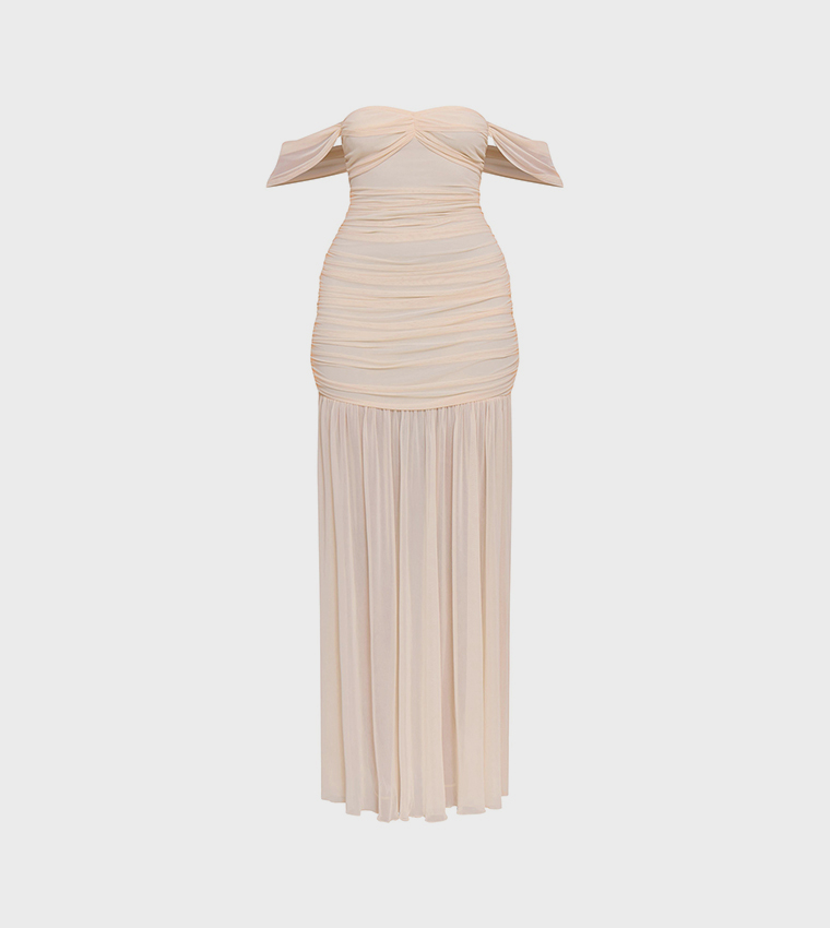 Mesh Bardot Ruched Detail Maxi Dress
