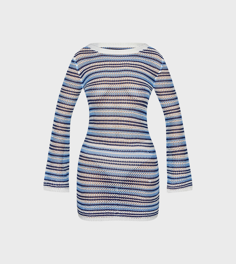 Striped Crochet Knit Mini Dress