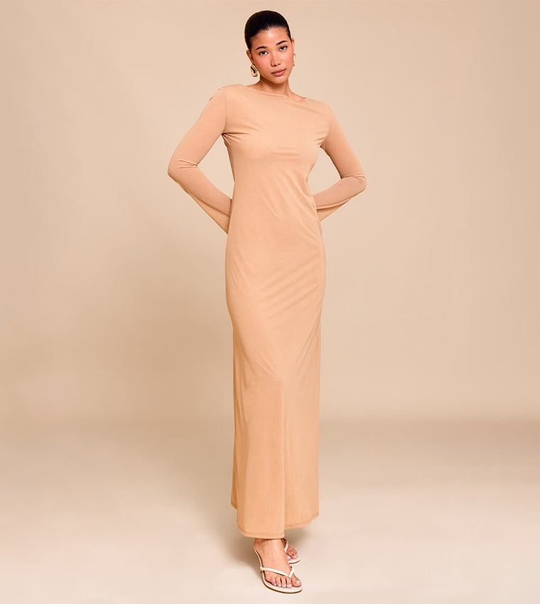Chiffon Boat Neck Long Sleeve Maxi Dress