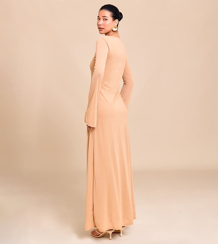 Chiffon Boat Neck Long Sleeve Maxi Dress