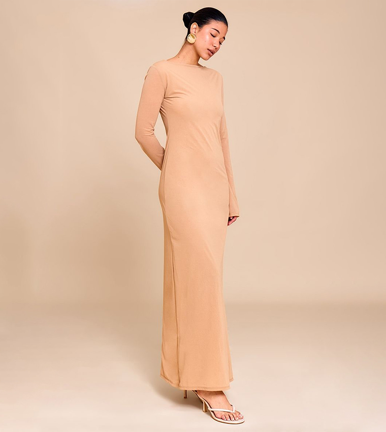 Chiffon Boat Neck Long Sleeve Maxi Dress