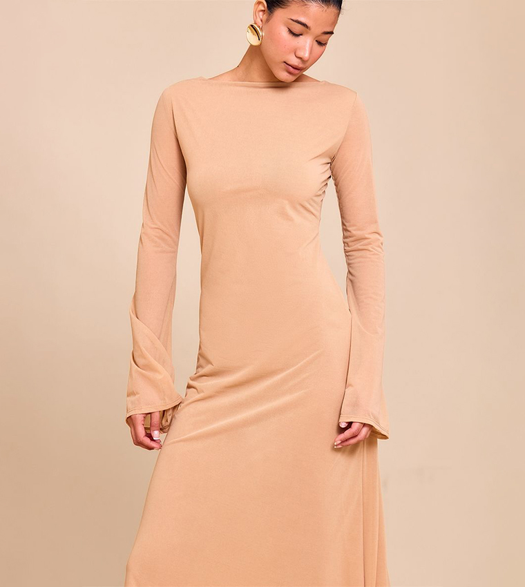 Chiffon Boat Neck Long Sleeve Maxi Dress