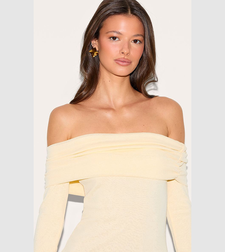 white bardot ruched bodycon dress Bardot Ruched Side Detail Mini Bodycon Dress In Cream Ribbed Knit | EGO US
