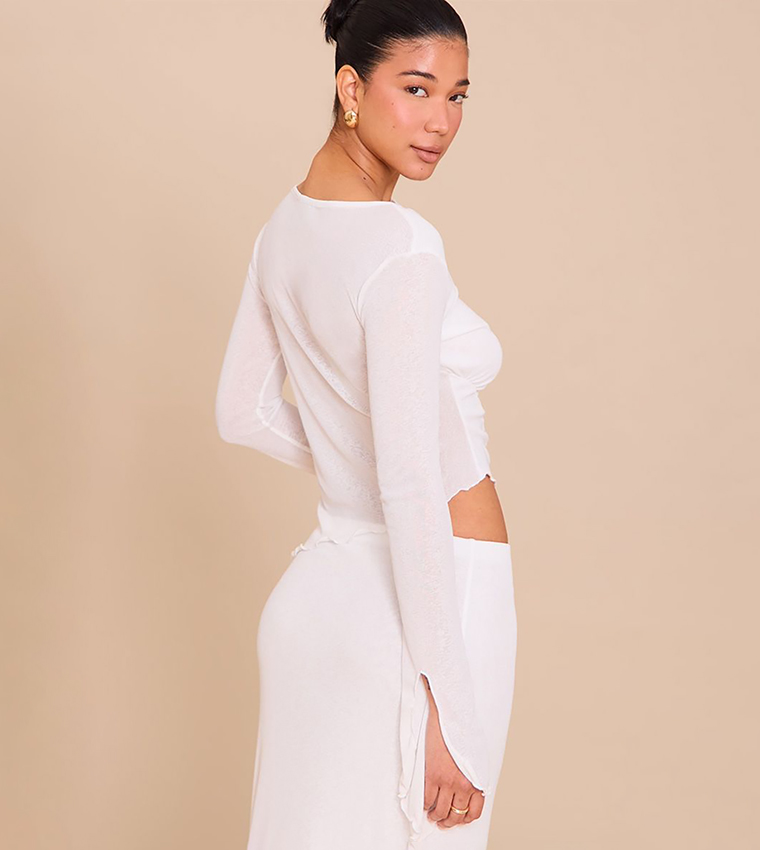 Burnout Mesh Ruched Front Flared Sleeves Crop Top