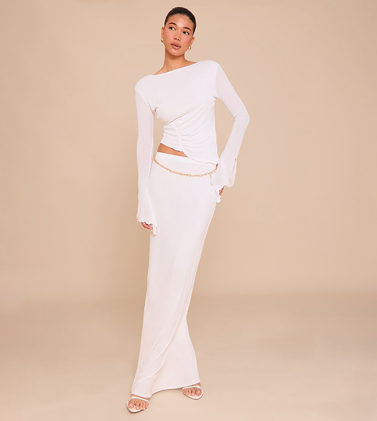 Burnout Mesh Ruched Front Flared Sleeves Crop Top