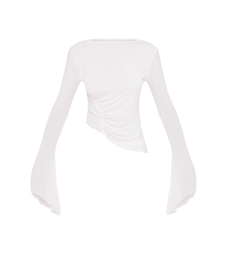 Burnout Mesh Ruched Front Flared Sleeves Crop Top