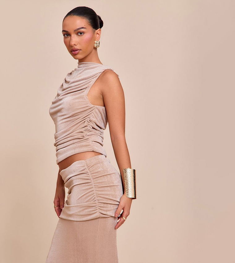 Acetate Slinky Ruched High Neck Crop Top