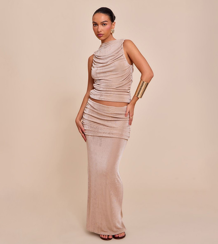 Acetate Slinky Ruched High Neck Crop Top
