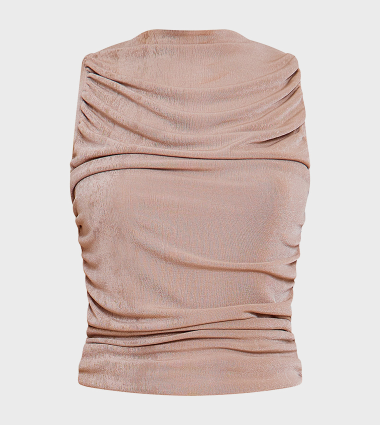 Acetate Slinky Ruched High Neck Crop Top