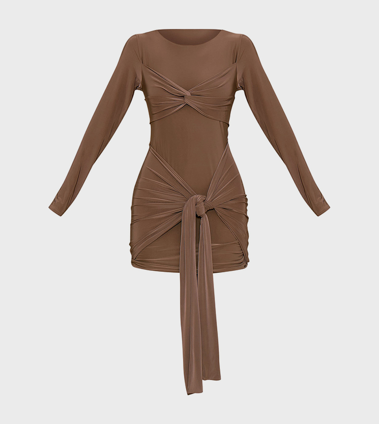 Slinky Long Sleeve Wrap Twist Detail Mini Dress