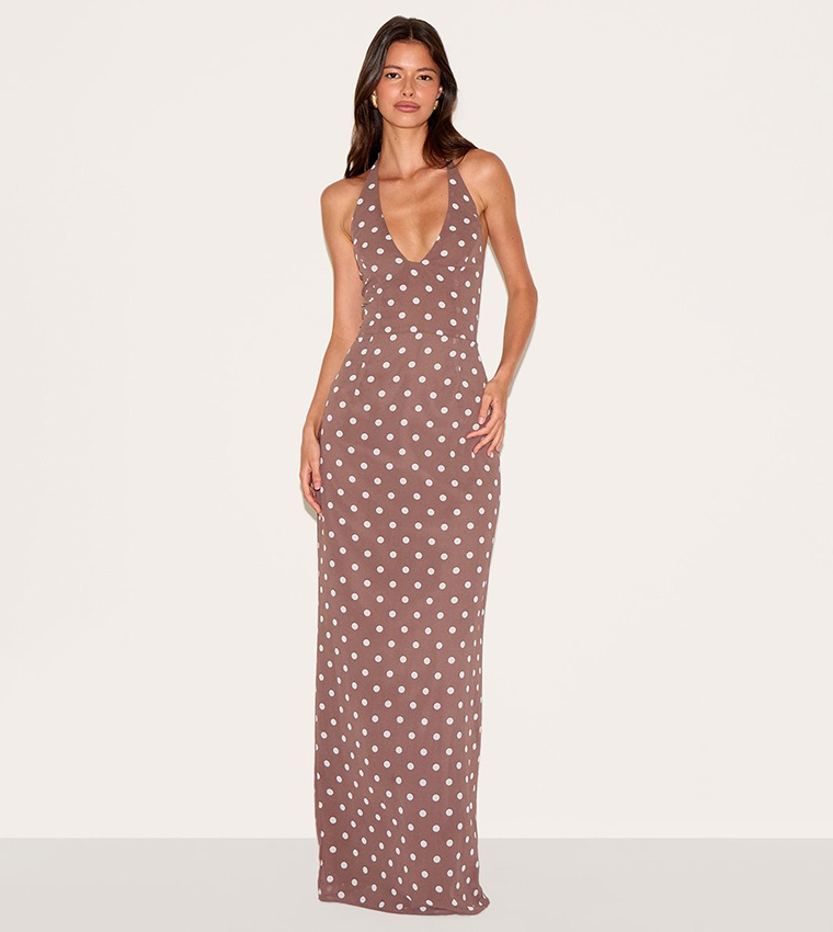 Chiffon Polka Dots Printed Plunge Neck Maxi Dress