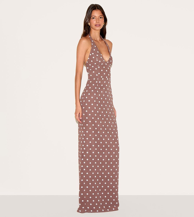 Chiffon Polka Dots Printed Plunge Neck Maxi Dress