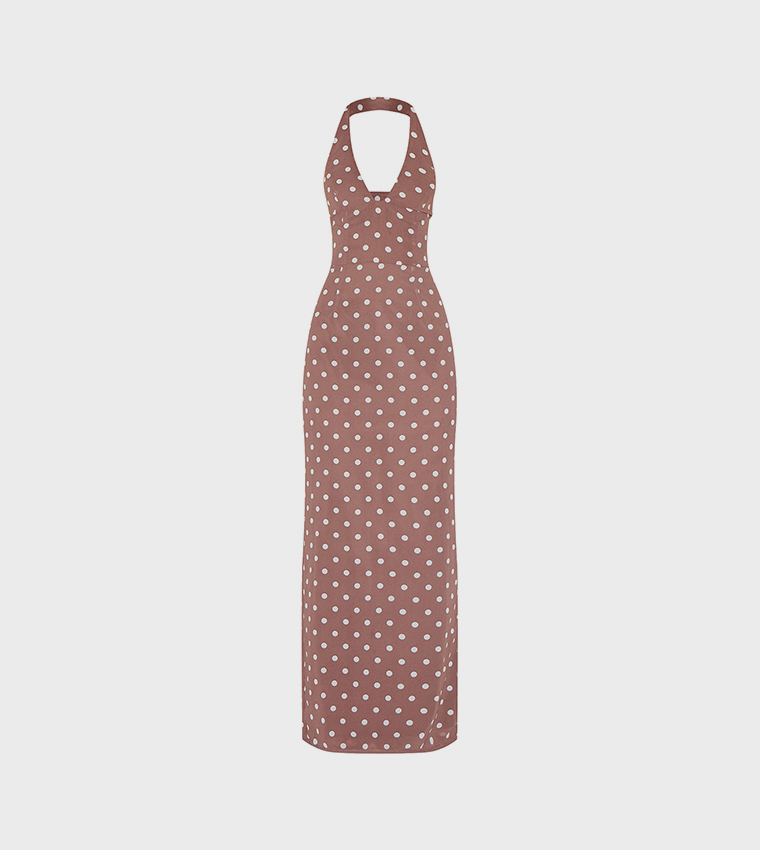 Chiffon Polka Dots Printed Plunge Neck Maxi Dress