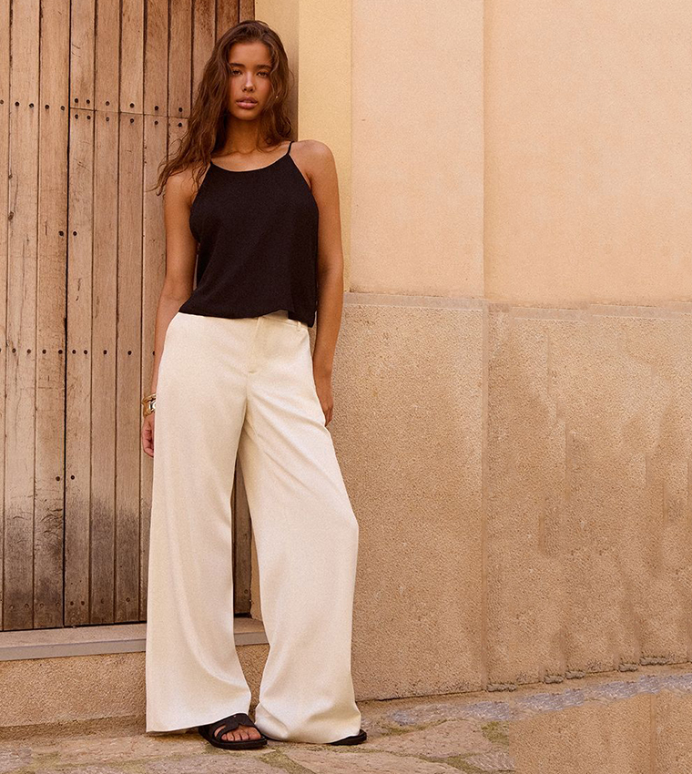 Satin Detail Wide Leg Trousers
