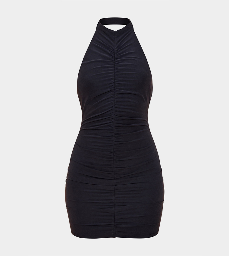 Solid Ruched Halterneck Mini Dress
