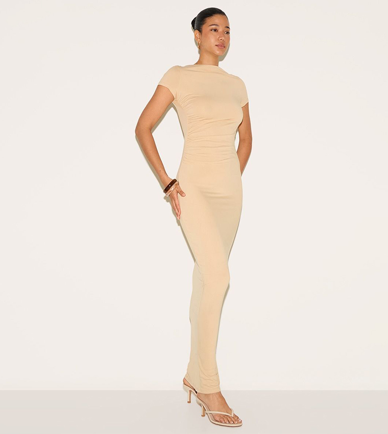 Modal Ruched Cap Sleeves Maxi Dress