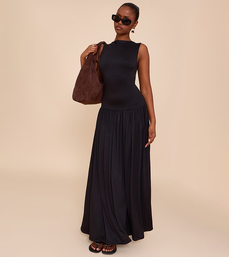 Double Layer Jersey Dropped Waist Maxi Dress