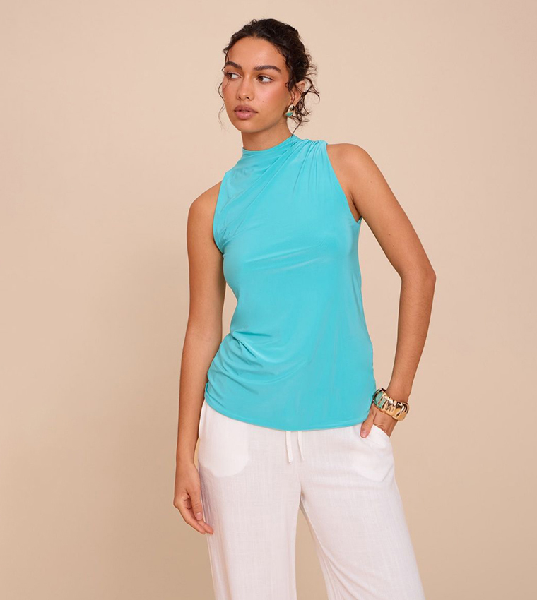 Double Layer Slinky Drapey High Neck Top