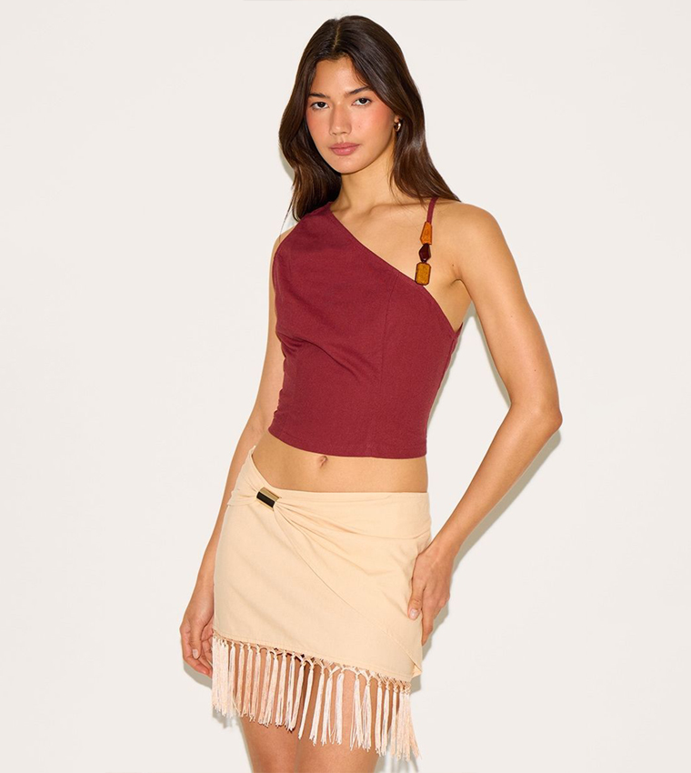 Linen Look Asymmetric Beaded Crop Top