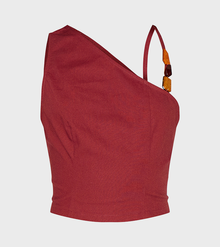 Linen Look Asymmetric Beaded Crop Top