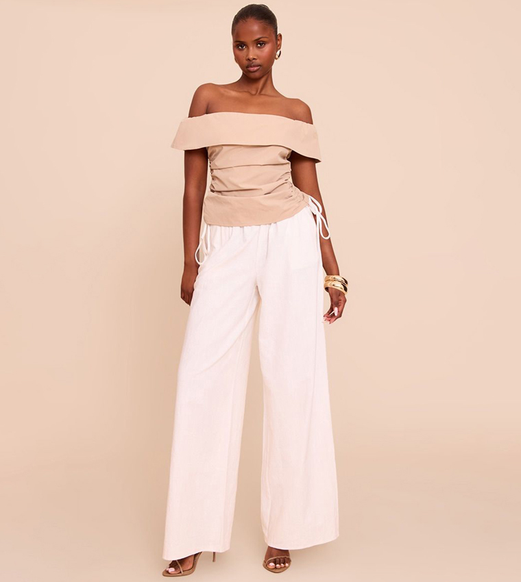 Woven Bardot Ruched Side Top