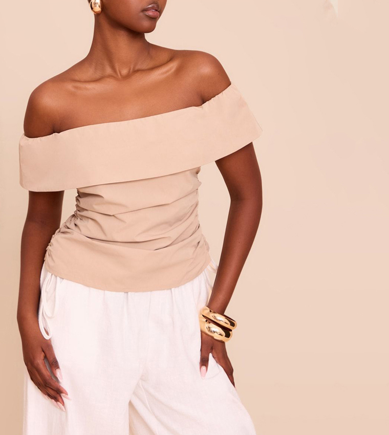 Woven Bardot Ruched Side Top