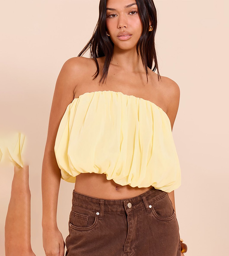 Chiffon Puff Ball Strapless Crop Top