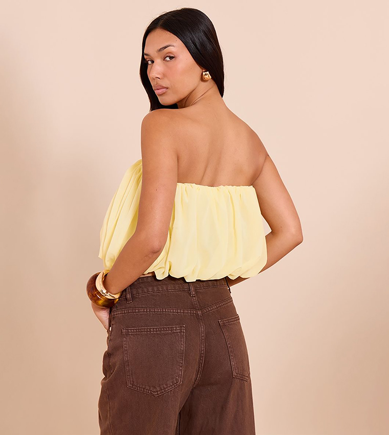 Chiffon Puff Ball Strapless Crop Top