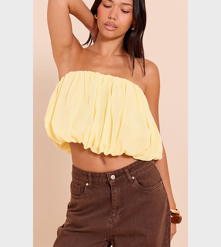 Chiffon Puff Ball Strapless Crop Top