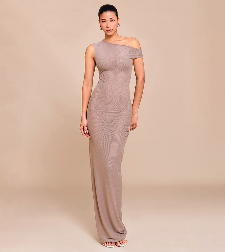 Double Layer Mesh Asymmetric Neck Maxi Dress