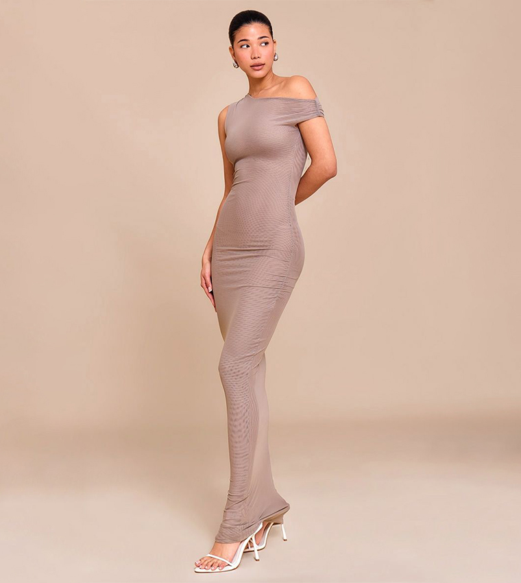 Double Layer Mesh Asymmetric Neck Maxi Dress