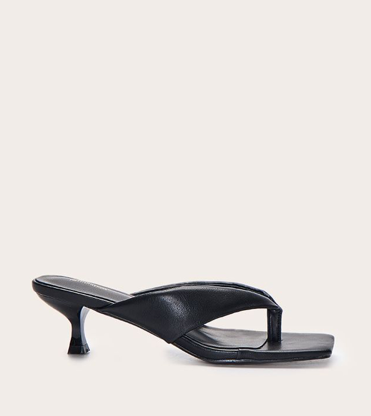 Black PU Toe Thong Square Toe Heeled Sandals