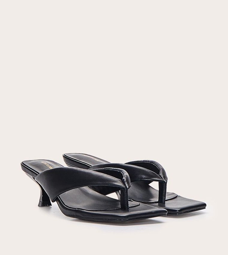 Black PU Toe Thong Square Toe Heeled Sandals