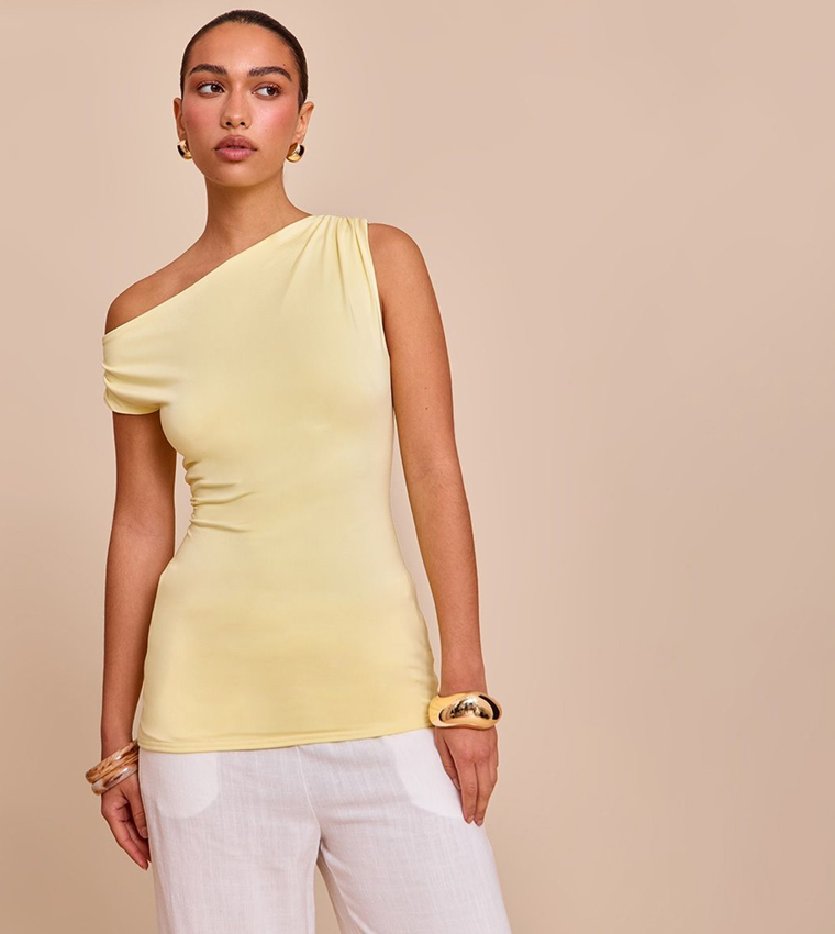 Slinky Asymmetric Ruched Detail Long Top