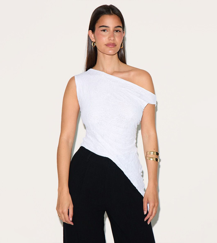 Crinkle Mesh Asymmetric Neck Top