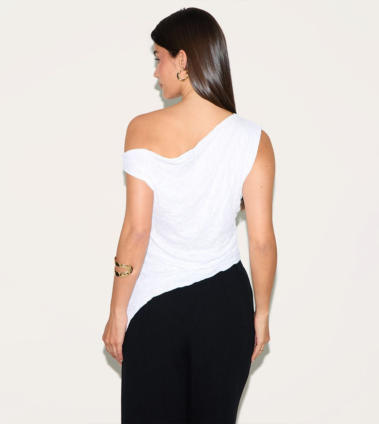 Crinkle Mesh Asymmetric Neck Top