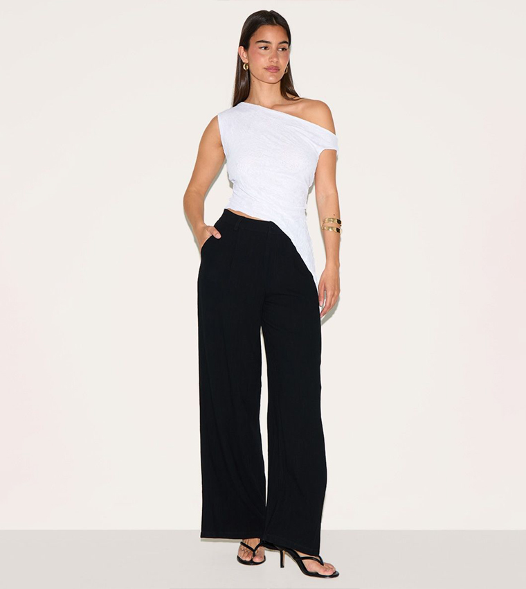 Crinkle Mesh Asymmetric Neck Top