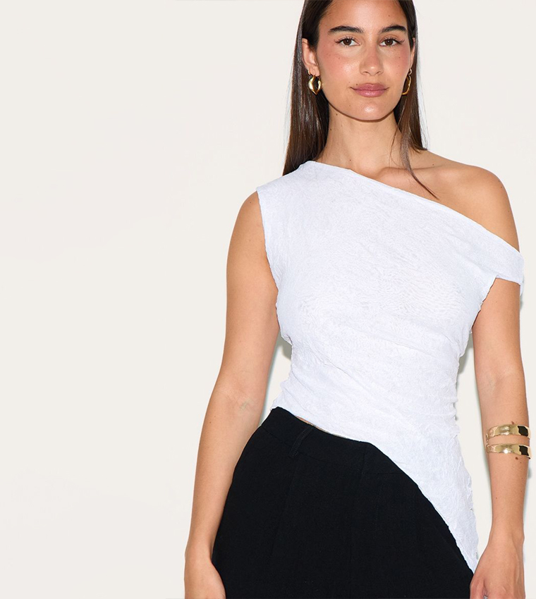 Crinkle Mesh Asymmetric Neck Top