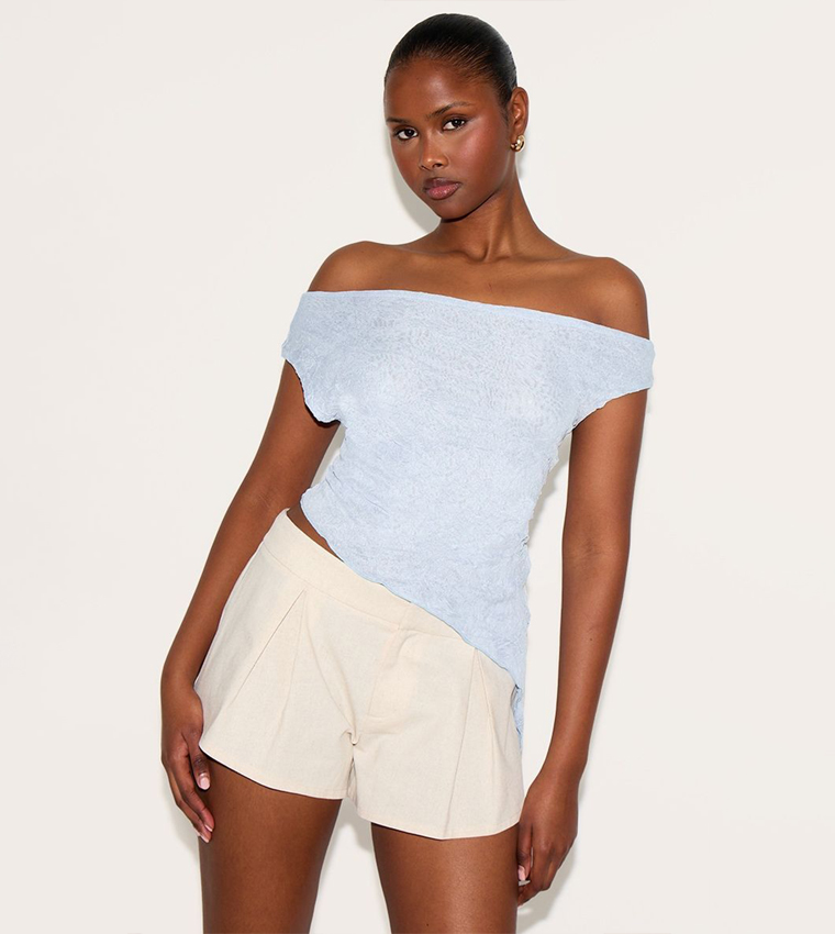 Crinkle Mesh Asymmetric Neck Top