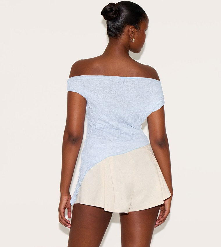Crinkle Mesh Asymmetric Neck Top